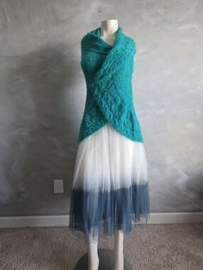 Anthropologie Bailey 44 Dipped Tulle Full Midi Skirt in White & Blue Green Sz S